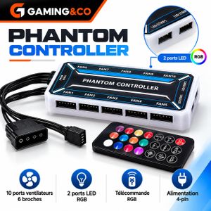 Contrôleur de Ventilateur PC RGB et ARGB – Hub Intelligent 10 Ports avec Télécommande Sans Fil (Modèle Phantom Controller)
