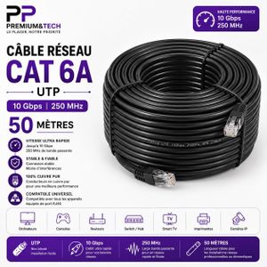 Câble Réseau Ethernet Cat6A – Longueur 50 Mètres – Très Haut Débit 10 Gbps 500MHz UTP avec Connecteurs RJ45