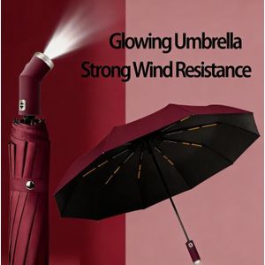 Parapluie pliant automatique à trois plis à 10 os, lampe de poche LED rotative, parapluie pliant résistant au vent pour les affaires, parapluie de soleil