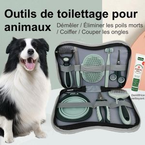 Kit de toilettage 9-en-1 complet pour chiens et chats – brosse, coupe-griffes, brosse à dents et dentifrice, accessoires d’hygiène pour animaux