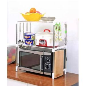 Chino Support Micro-Ondes Extensible 2 Niveaux – Étagère de Cuisine Multifonction – Acier Inoxydable & ABS – Rangement Épices & Four – Organisateur de Plan de Travail