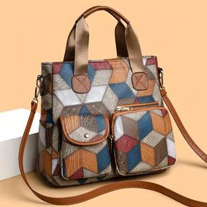 Nouveau sac à main, porté épaule ou croisé, à panneaux 3D et motif à carreaux  Cuir d'aspect vieilli