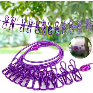 Corde à Linge Couvre Vent Extensible, Rétractable, Antidérapant, Portable Pour Extérieur ou Intérieur Pour Balcon, Hôtel, Dortoir...Avec 12 Pinces Robuste_Violet