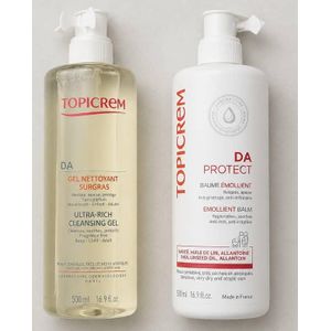 Duo : Gel Nettoyant Surgras 500ml + Baume Émollient Relipide, Apaisant Anti-Grattage 500ml TOPICREM DA PROTECT  Au Karité, Huile De Lin, Allantoïne Peaux sensibles, très sèches et Atopiques Nourrisson, Enfant, Adulte Importé De France 
