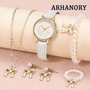 ARHANORY Ensemble 5 pièces montre à nœud et bijoux perles pour femme montre à quartz - Blanc