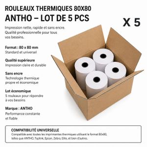 ANTHO Rouleaux Thermiques 80x80 – Qualité Pro -  (Lot de 5 pièces) - 80 x 80 - Pour ticket de caisse - reçu 