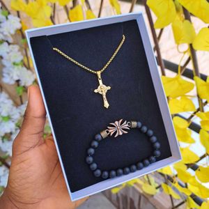 Bijoux bracelet perle Homme Doré chaîne croix 3en1 Montre et  homme ensemble bijoux accessoire homme inox luxe mode garçon cadeau Homme coffret cadeau anniversaire homme fête pères Saint Valentin Mariage amour cœur 