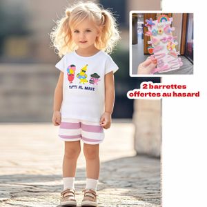 Tenue d'été rayée à motifs pour petite fille, confortable, avec 2 barrettes offertes