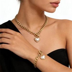 2PC fashionable heart necklace bracelet stainless steel Fried Dough Twists thick chain necklace minimalist style jewelry set for women/girls accessories