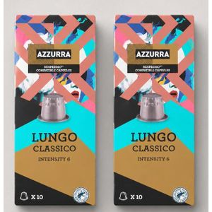 Pack  2x10=20 capsules aluminium de café AZZURA, Lungo Classico, intensity 6, . Compatible machine Nespresso. Café  arabica torréfié et moulu en capsule.