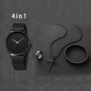 Coffret cadeau 4 en 1 homme : montre à quartz cadran rond minimaliste avec collier croix, bague et bracelet, ensemble montre mode à bracelet maille noire