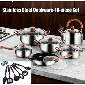 Ensemble de 18 ustensiles de cuisine en acier inoxydable comprenant une casserole à lait, une marmite à soupe, une poêle antiadhésive à fond plat, des couvercles et une spatule.