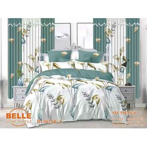 Belle Parure de lit 6 pièces B-563AB-C motif lys calla aquarelle vert doré, 2 draps 240×260cm + 2 taies 60×80cm + 2 rideaux 150×220cm, tissu microfibre décoration chambre complète