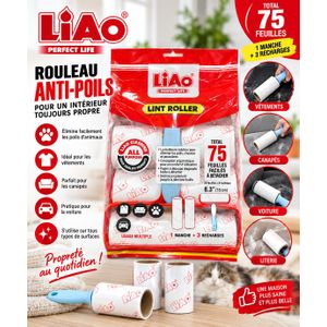 Rouleau Anti-Poils Adhésif – 75 Feuilles – 1 Manche + 3 Recharges – Pour Vêtements, Canapés, Voiture et Literie