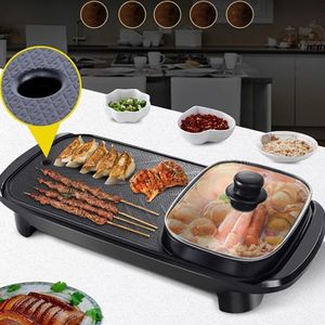 Grill électrique multifonctionnel et marmite deux en un, gril électrique domestique et machine à barbecue avec pot intégré, adapté pour 2 à 8 personnes