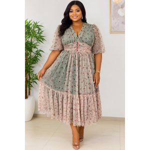Mode Robe Mi-longue Imprimée Florale & Tulle Polka Dot Vert & Rose - Charme Romantique & Élégance