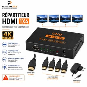 Répartiteur HDMI 1X4 Splitter Actif - 1 Entrée vers 4 Sorties HDMI - Résolution 4K Ultra HD & 3D, Alimentation 5V Incluse - Noir