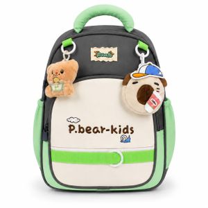 Sac à Dos Maternelle P.Bear-Kids Gris, Beige et Vert – Cartable Enfant 2 à 5 Ans Léger, Confortable et Spacieux