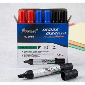 Pack de 6 Marqueurs Permanents Jumbo Fenlot FL-6018 – Pointe Large 10mm (Noir, Bleu, Rouge)