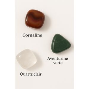 Lot de 3 Pierres Naturelles – Cornaline, Quartz Blanc, Jaspe Vert