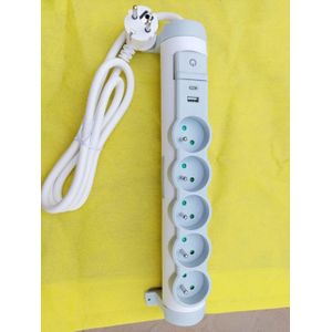 Multiprise - 5 Trous - Antifoudre - Blanc + 1 port USB