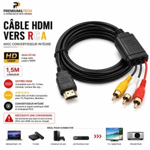 Câble Convertisseur HDMI vers RCA (3 RCA) - Adaptateur Vidéo Audio Filaire 1080p Pour TV Box, PC et Ancienne TV - 1.5M