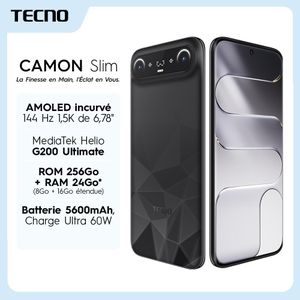 Tecno CAMON SLIM - 256Go ROM - 24Go RAM (16 Extended RAM) - 6.39" - IP69 IP68 - 5600mAh - 60W - 4G - Noir Prisme