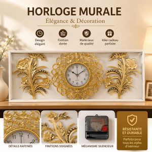  Horloge Murale Décorative Dorée – Design Floral Élégant – Mouvement Silencieux