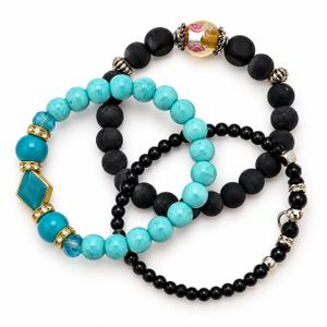 Lot de 3 Bracelets Femme en Perles Turquoise et Noires – Bracelets Fantaisie Tendance avec Détails Dorés