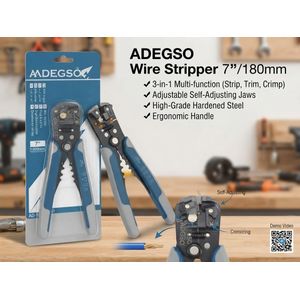 ADEGSO Pince à Dénuder Professionnelle 7" / 180mm - 3-en-1 (Dénude, Coupe, Sertit) - Acier Trempé
