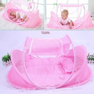 Lit Pour Bébé Pliable Avec Moustiquaire Rose + Coussin Oreiller, Rose Solide