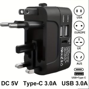 Nouvel adaptateur de voyage universel avec port USB Type-C pour alimentation secteur dans le monde entier - Noir