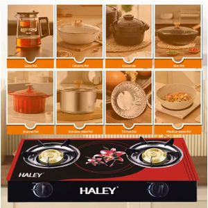 HALEY Cuisinière à Gaz Vitrée HY-1523 – Réchaud de Table à 2 Brûleurs en Verre Trempé – Design Floral Élégant – Allumage Automatique & Haute Efficacité – Finition Luxe Rouge et Noir