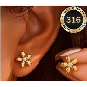 1 ou 2 paires de boucles d'oreilles puces en forme de fleur ornées de diamants de qualité supérieure et au design raffiné  acier inoxydable 316 hypoallergénique plaqué or 18 carats.