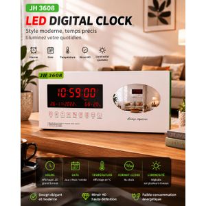 Grande Horloge Murale Digitale LED JH 3608 - Calendrier Électronique Complet - Affichage Température, Taux d'Humidité, Alarme Et Format 12/24H