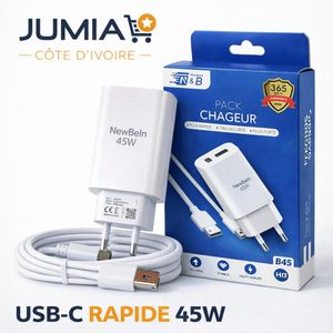 NewBeln Chargeur Rapide USB&TypeC 2in1 45W Blanc NewBeln Avec Câble Pour Samsung Xiaomi Tecno Infinix