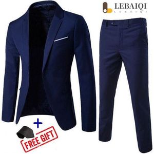 Costume deux pièces pour homme, coupe ajustée, col à revers, manches longues, couleur unie + cravate - Bleu marine