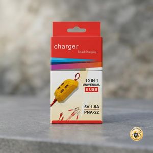 Chargeur Universel DC 10 en 1 PNA-22 avec Pinces pour Batterie (12V) – Station de Charge Intelligente 8 Ports USB (5V 1.5A) & Câbles Multi-Embouts Pour Téléphones, Smartphones & Accessoires