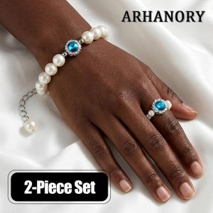 ARHANORY Ensemble 2 pièces bracelet et bague élastiques pour femme – Bijou en perles de simulation – Blanc
