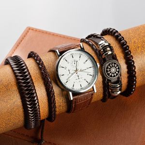 2 EN 1 Montre Quartz en Cuir pour Hommes + Ensemble Bracelet pour Hommes - Marron