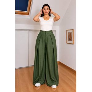 Mode Pantalon large taille haute femme – vert chic avec top blanc 