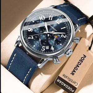 Autre Montre Homme Poedagar Chronographe Luxe – Cadran Bleu Soleil, Phase de Lune, Dateur & Bracelet Toile Nylon Ultra-Résistant