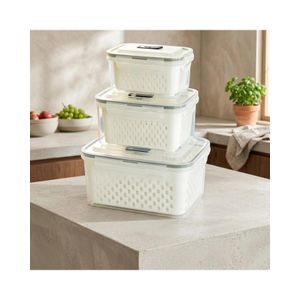 ShebSheb Ensemble de 3 boîtes de conservation alimentaire pour réfrigérateur avec couvercles et passoire, contenants de stockage pour fruits et légumes gardant les fruits, légumes, baies et viande frais plus longtemps, conserve-produits en plastique sans BPA