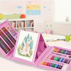 Coffret de matériel artistique de 208 pièces – Comprend un chevalet pliable à trois volets double face, des pastels à l'huile, des crayons de cire, des crayons de couleur et des feutres aquarellables.