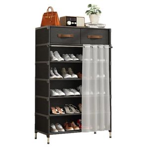 Armoire à Chaussures Multi-Niveaux avec Tiroirs – Gris Anthracite & Rideau Tamisant