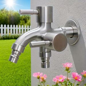 Robinet monobloc à double tête en acier inoxydable avec commandes séparées pour l'eau chaude et l'eau froide, antirouille, adapté aux raccordements pour machine à laver et tuyau d'arrosage.