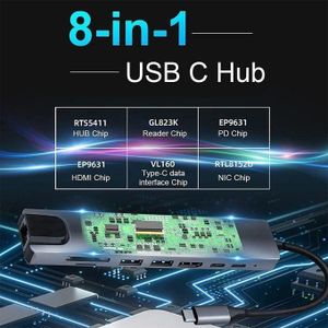 Hub USB Type C 8-en-1 Adaptateur USB pour ordinateur portable - Gris/Noir