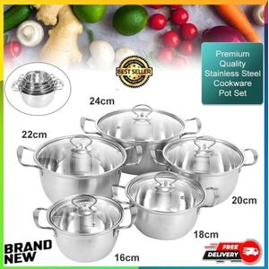 Ensemble de 5 casseroles en acier inoxydable pour la cuisson, avec couvercles en verre