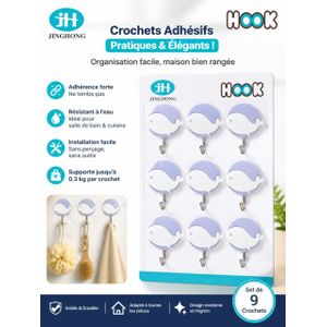 Quantité : 9 pièces Capacité de charge : Jusqu'à 3,0 kg par crochet Usage : Cuisine, salle de bain, chambre, bureau Avantages : Installation sans perçage, design décoratif, résistant à l'humidité.