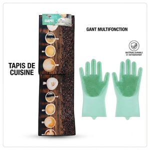 Ensemble Cuisine Pratique : Tapis de Cuisine Motif Café & Gants de Ménage Multifonction